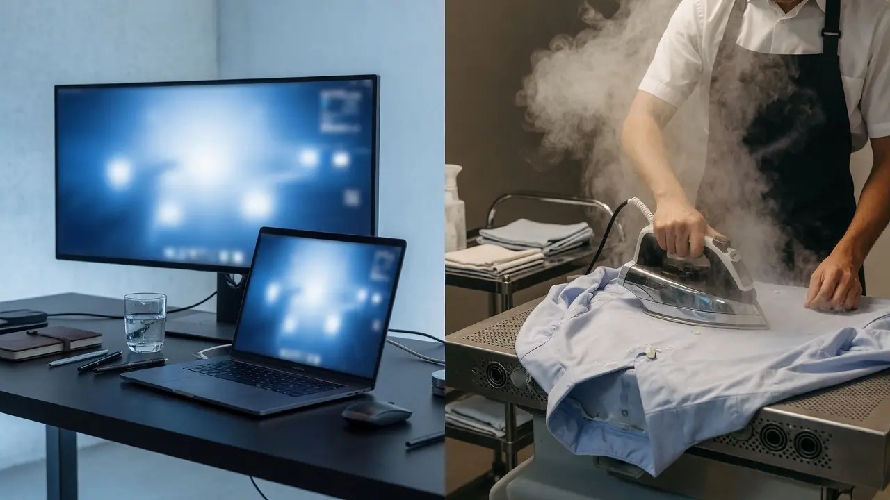 Software and computers beside a presser finishing a dress shirt by hand