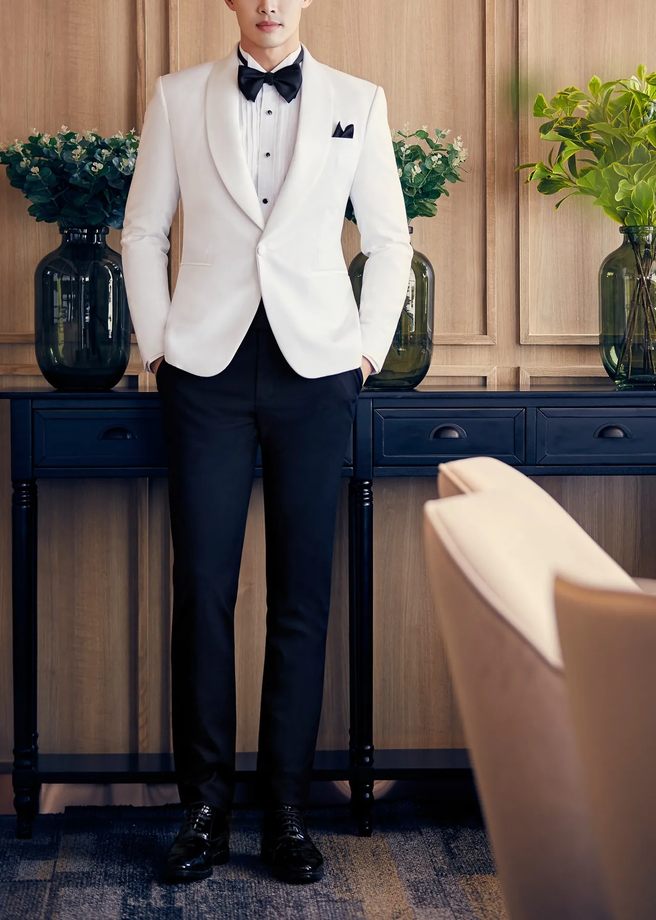 Tom Ford groom tuxedo preparation at Palace of Fine Arts